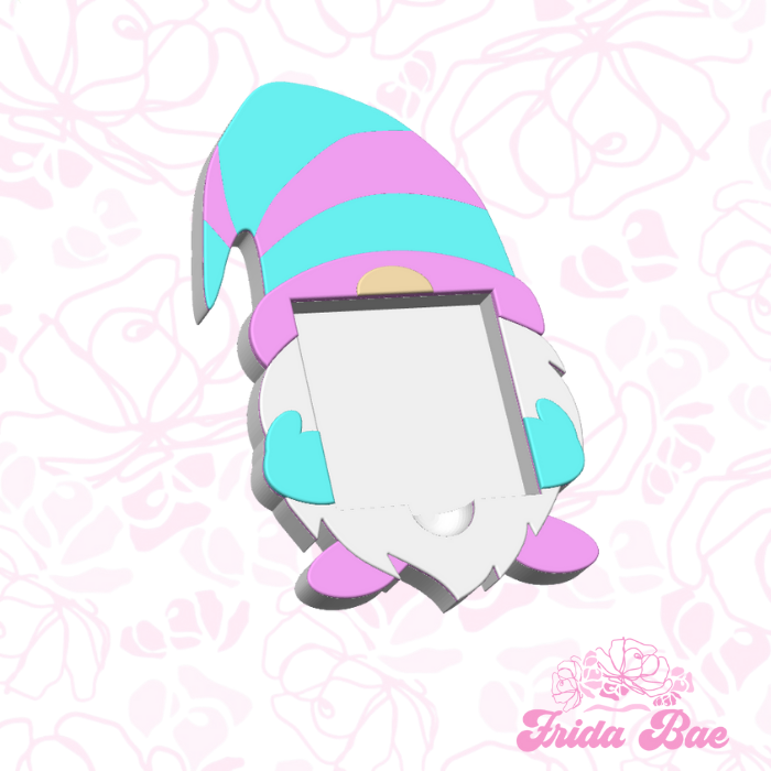 Cartoon gnome with a laptop on a pink floral patterned background