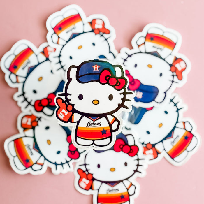 Hello Kitty stickers with Houston Astros theme on a pink background