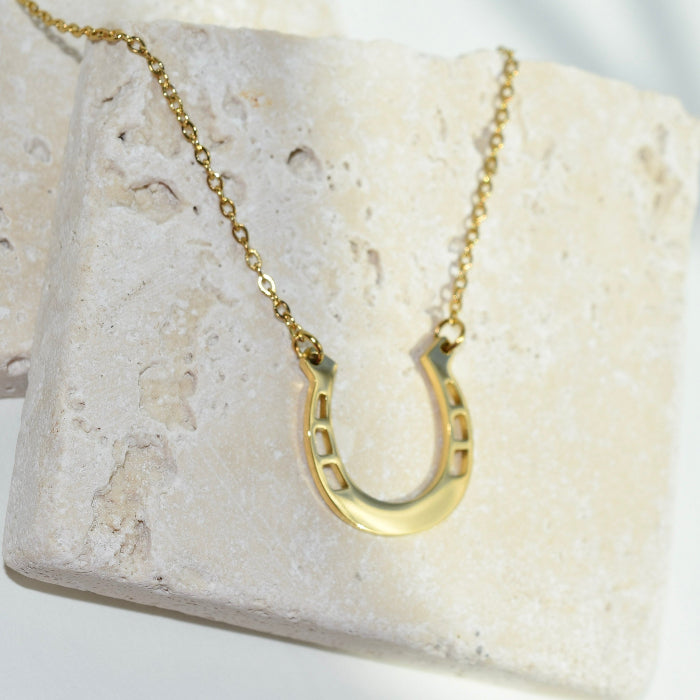 lucky horseshoe engravable necklace in gold, stainless steel, gold plated