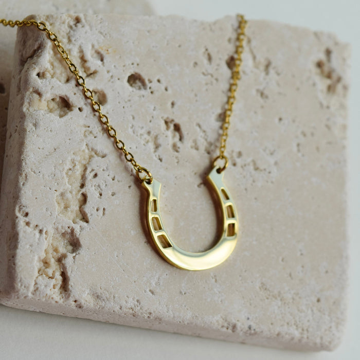 lucky horseshoe engravable necklace in gold, stainless steel, gold plated