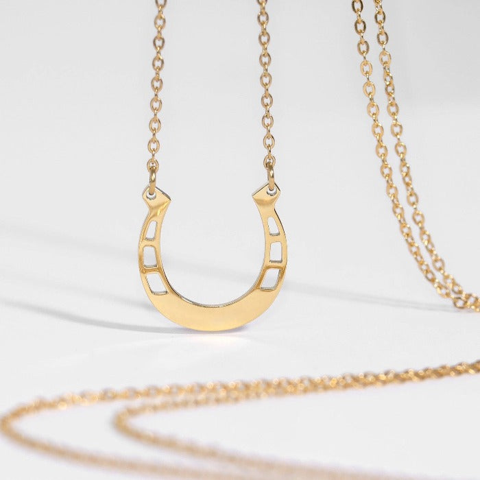 lucky horseshoe engravable necklace in gold, stainless steel, gold plated