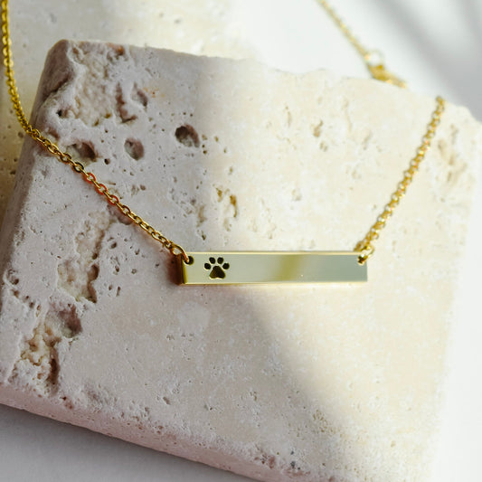 dog paw bar engravable necklace in gold, stainless steel, gold plated