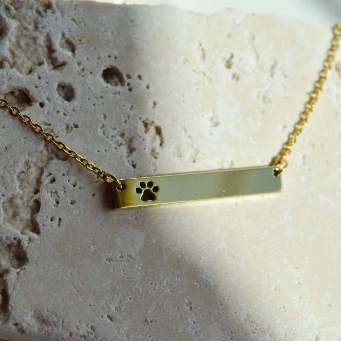 dog paw bar engravable necklace in gold, stainless steel, gold plated
