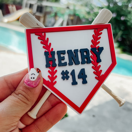 Baseball diamond and bats shaped bag charm with name 