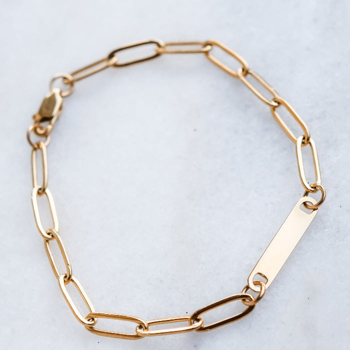 1 bar paperclip engravable bracelet in gold, stainless steel, gold plated
