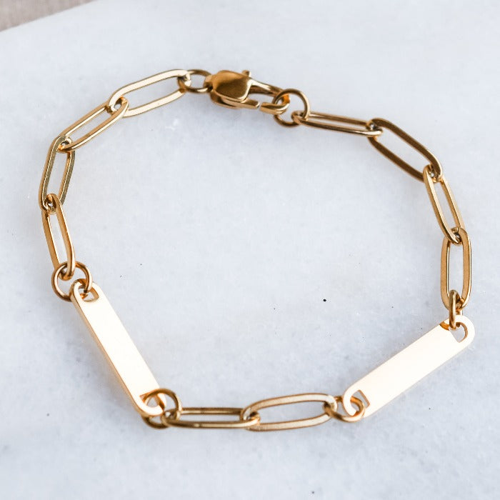 2 bar paperclip engravable bracelet in gold, stainless steel, gold plated