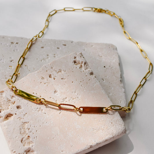 2 bar paperclip necklace in gold, stainless steel, gold plated