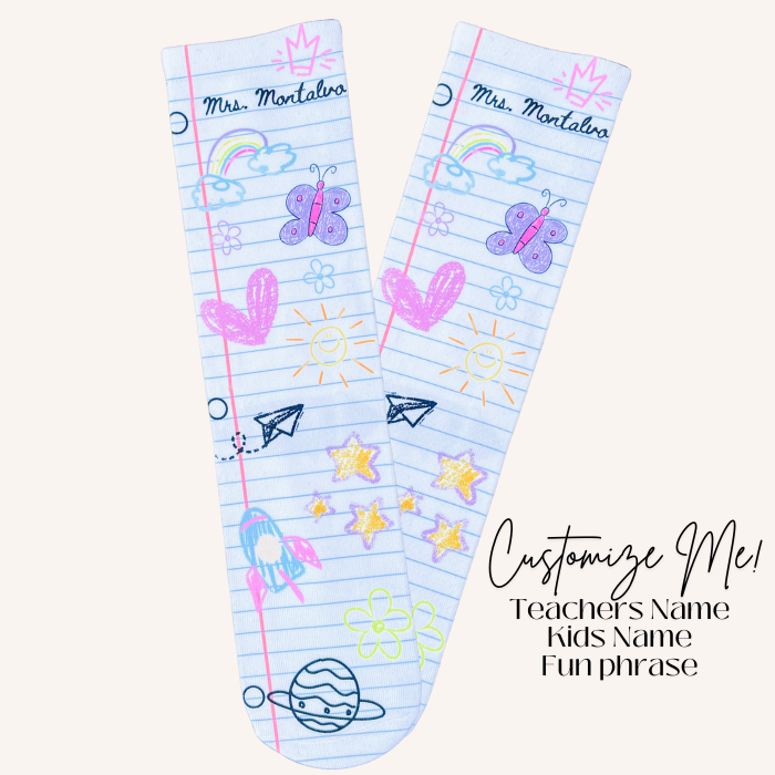 Back to school custom socks cute notebook paper doodle