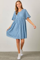 Chambray eyelet vneck short dress denim