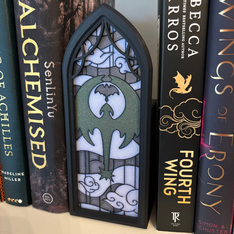 3D printed stained glass with dragon book holder with books on either side