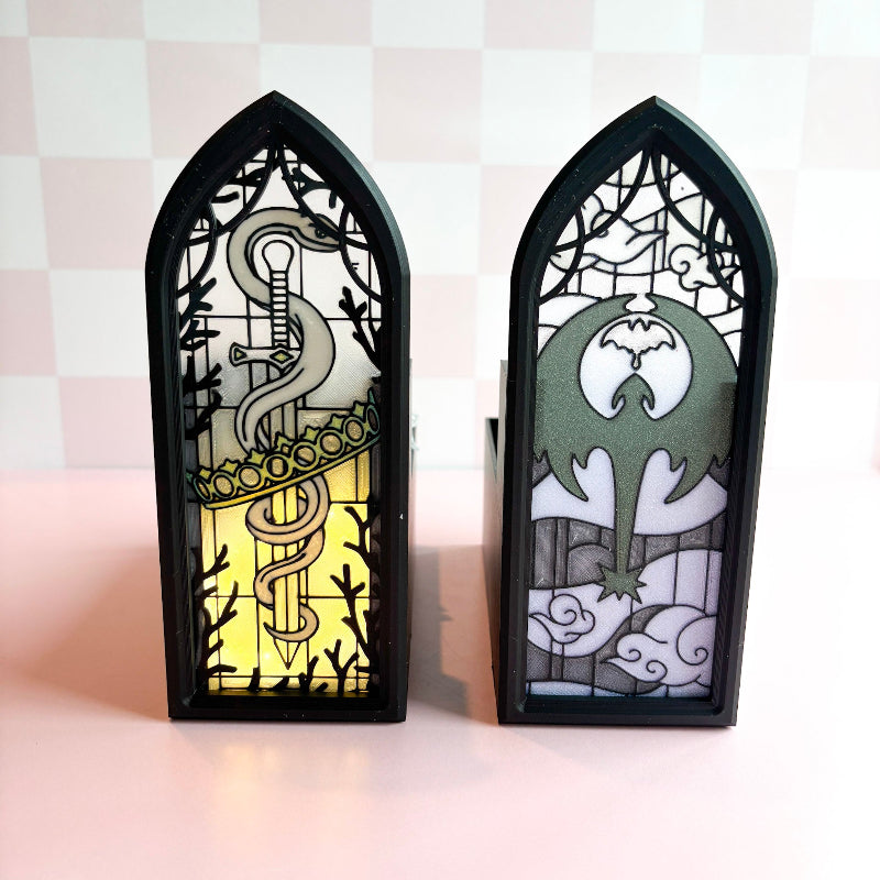 3D printed stained glass with dragon book holder with books on either side