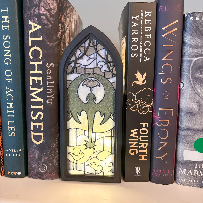 3D printed stained glass with dragon book holder with books on either side