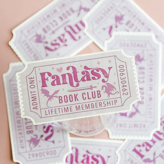 Sticker with 'Fantasy Book Club Lifetime Membership' design on a pink background