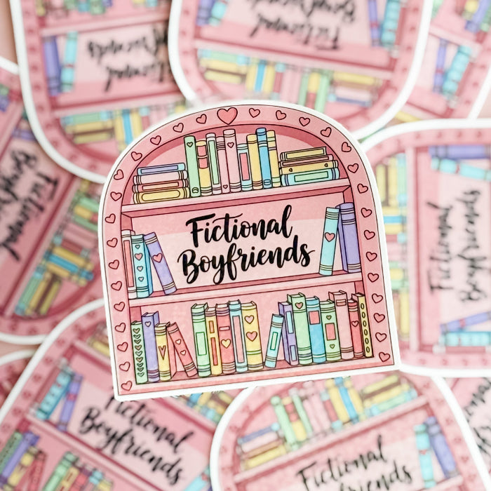 Sticker with bookshelf design and 'Fictional Boyfriends' text on a pink background.