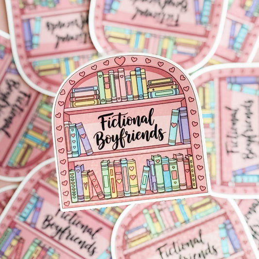 Sticker with bookshelf design and 'Fictional Boyfriends' text on a pink background.