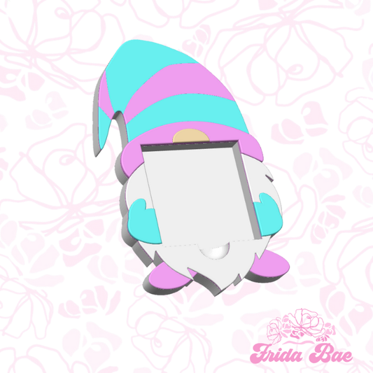 Cartoon gnome with a laptop on a pink floral patterned background