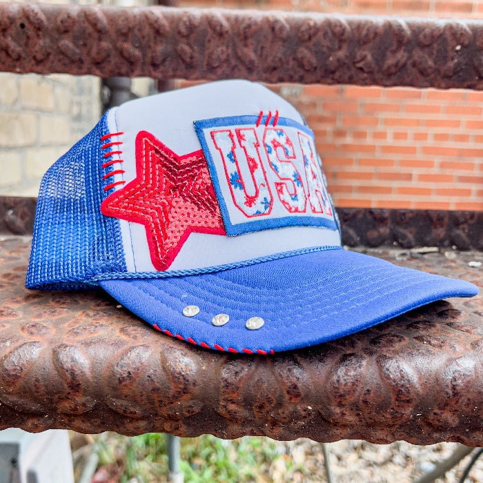 USA floral custom trucker hat with patches