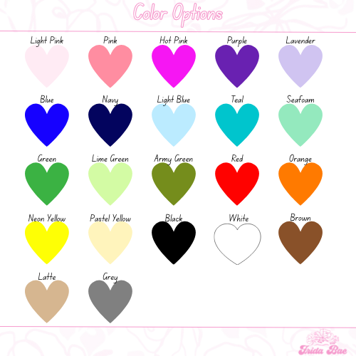 Color chart with heart icons representing various colors on a white background.