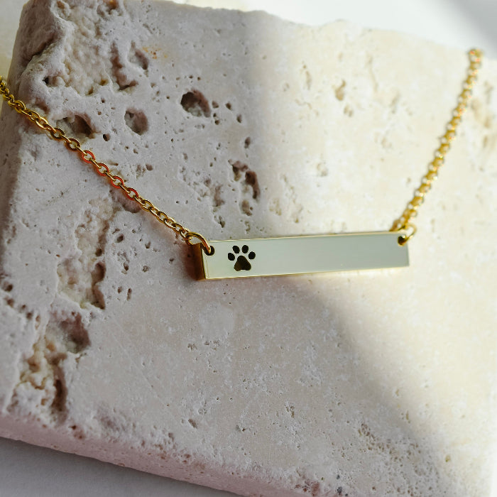 dog paw bar engravable necklace in gold, stainless steel, gold plated