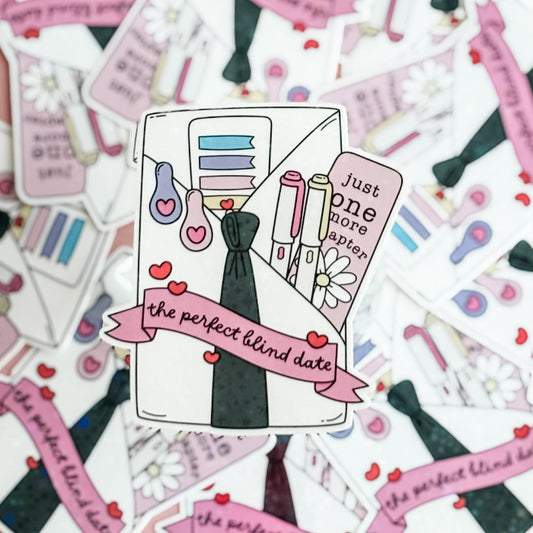 Sticker with illustration of a blind date and text 'Just one more chapter' on a background of similar stickers.