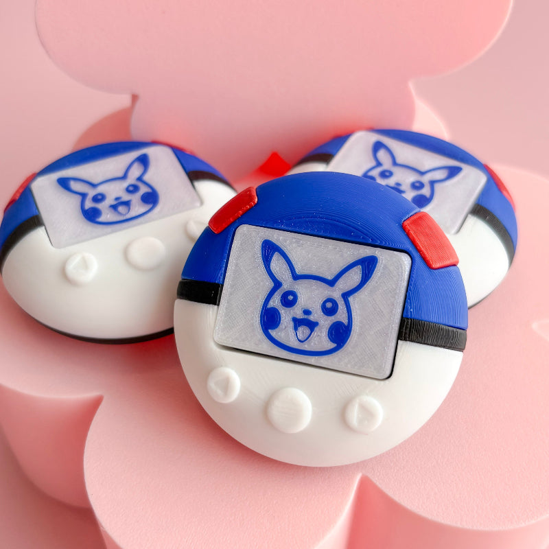 Pokemon style fidget clicker on a pink background. 