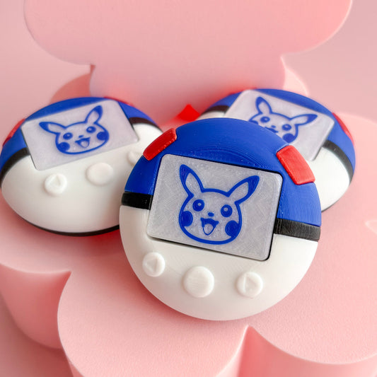 Pokemon style fidget clicker on a pink background. 