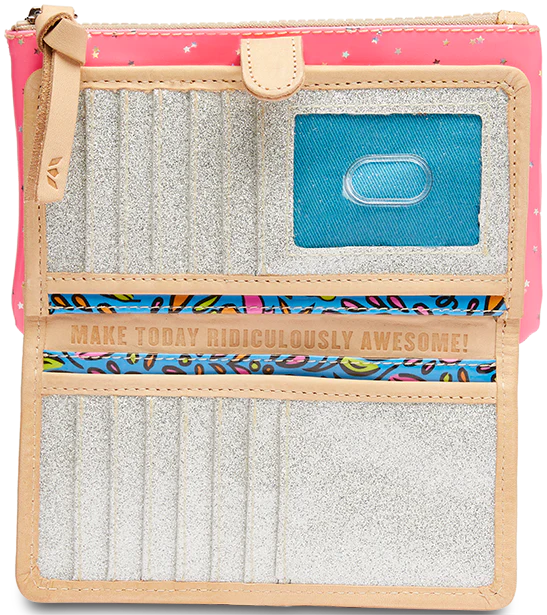 Our Slim Wallet carries cards and cash without weighing you down. Open the snap closure to reveal an ID window pocket, 12 card slots, and 4 slide pocket compartments in this versatile and colorful&nbsp;wallet