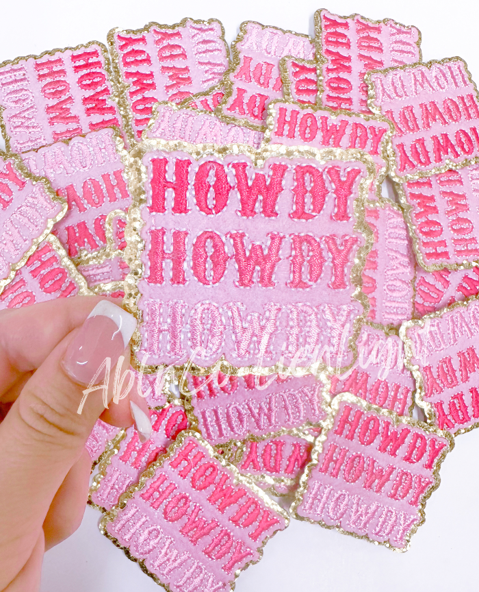 Gold and pink sequenced howdy patch