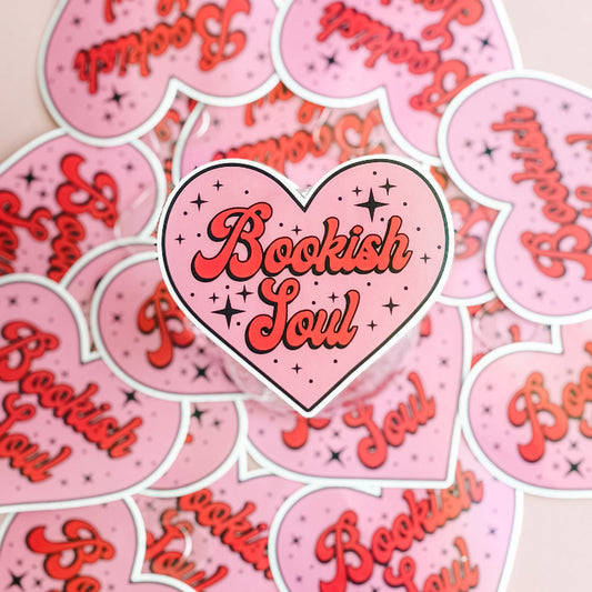 Heart-shaped stickers with 'Bookish Soul' text on a pink background