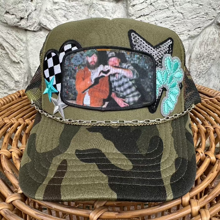 camo foam trucker hat with morgan wallen and post malone center patch