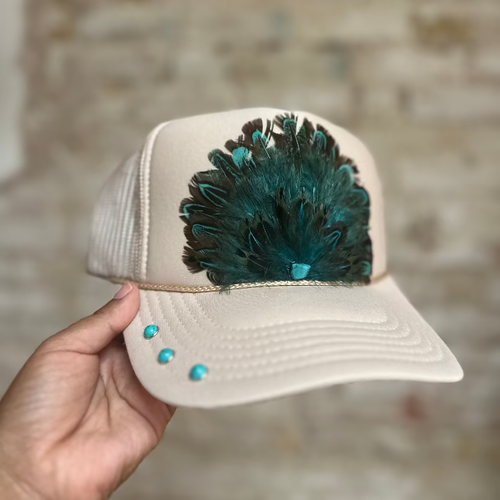 Tan OTTO trucker hat with feather and turquoise details and stones