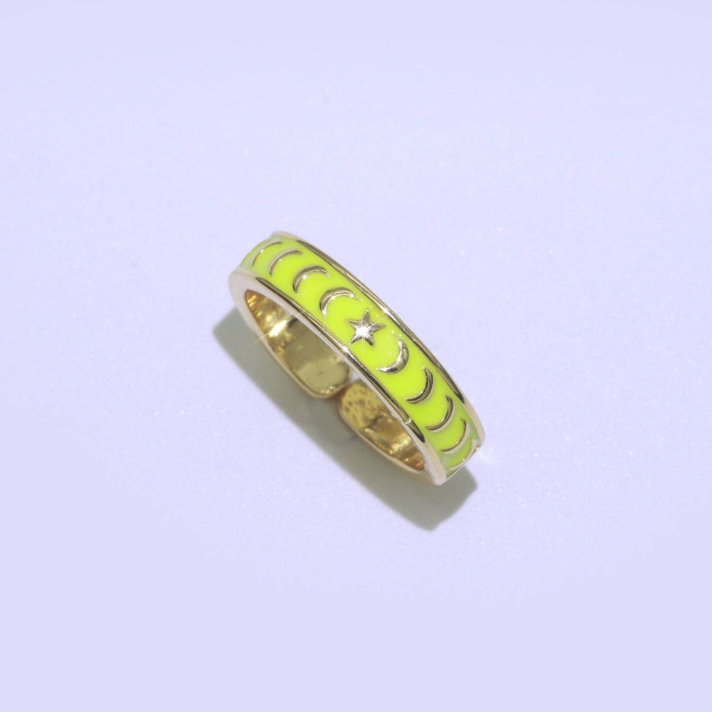Galaxy enamel ring in yellow Details:  14k Gold Filled Material: Brass, Gold Filled, Enamel Size: Adjustable one size fits most  Color: Gold Lead Free, Nickel Free 