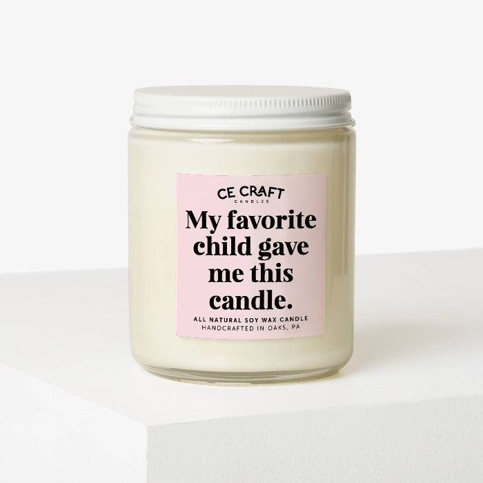 Looking for a birthday or Mother's Day gift for mom? Look no further than My Favorite Child Gave Me This Candle! It's the perfect way to remind her who her favorite child is. Not only is this candle adorably cute in any home, it's also made with all natural soy wax and hand poured in small batches to ensure perfection each time. So why wait? Get this nontoxic, all natural candle today!