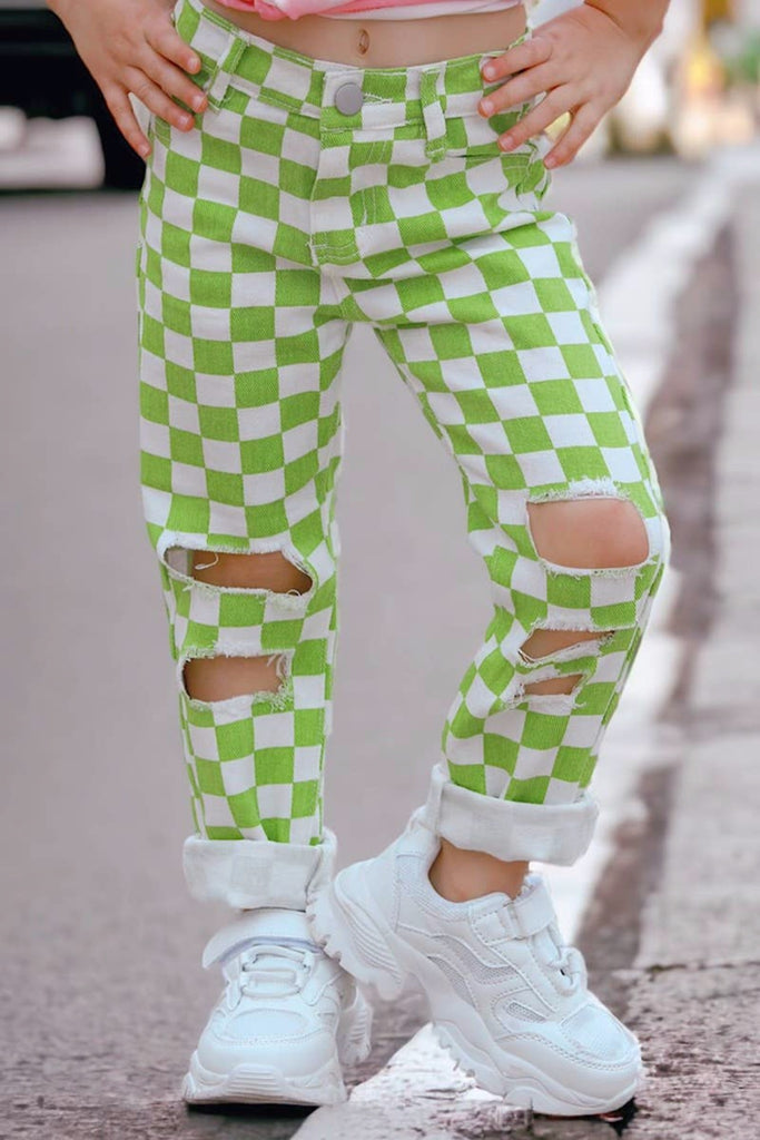 Introducing our fun-tastic LIME GREEN CHECKER DISTRESSED PANTS! Bright and cheerful, these pants are sure to put a smile on your kid's face. Perfect for everyday wear!